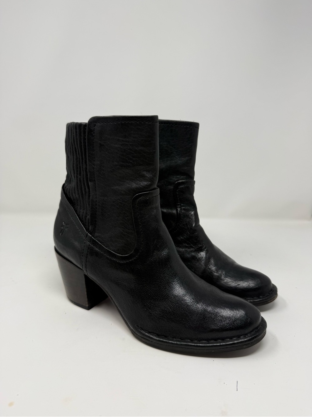 Frye Black Leather Mid-Calf Ankle Boots with Block Heel